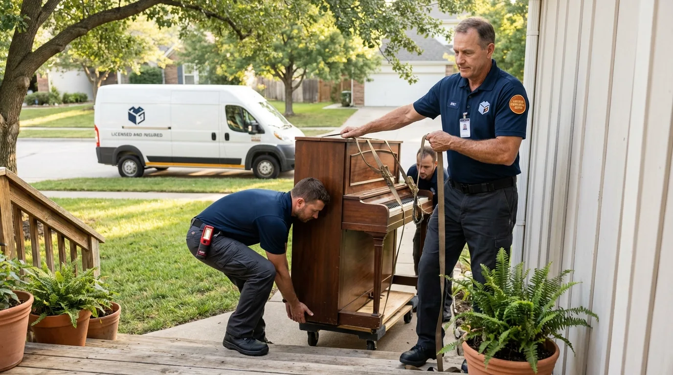 Licensed piano movers securing grand piano in Ellis, KS