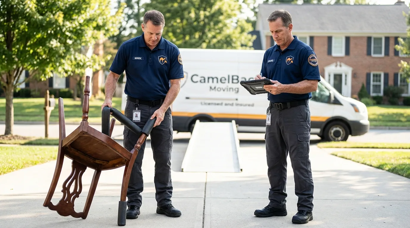 Movers inspecting furniture for damage prevention before loading in Ellis, KS