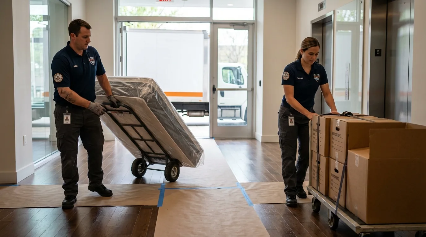 Professional apartment movers loading elevator in Ellis, KS