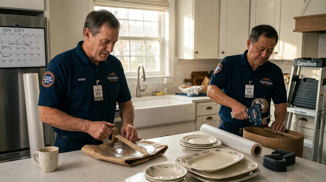Professional crew packing kitchen dishware in Ellis, KS